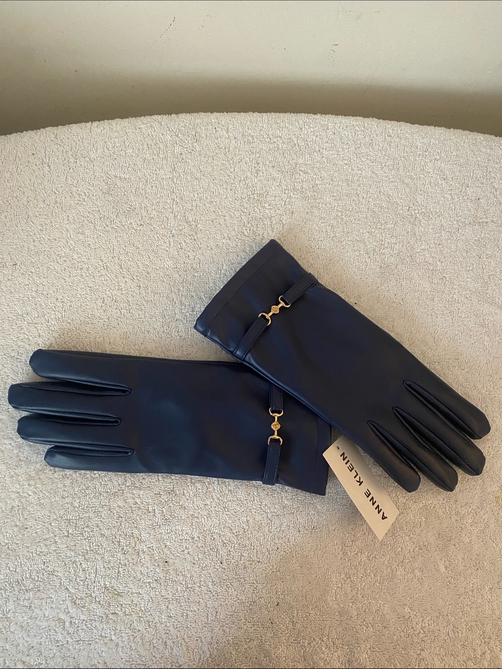 Anne Klein Navy Faux Leather Gloves with Gold Hardware